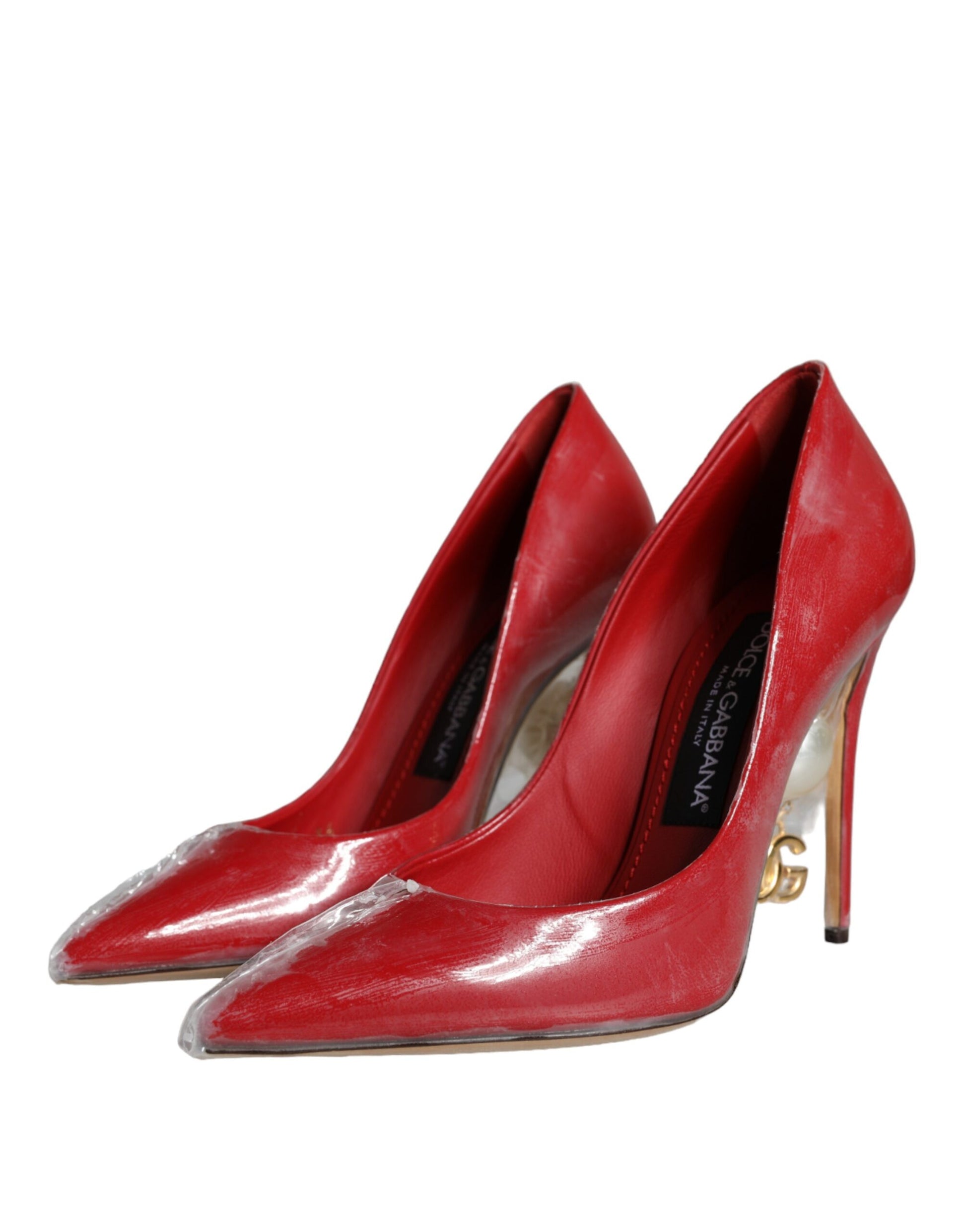 Red Patent Leather Faux Pearl Heels Pumps Shoes