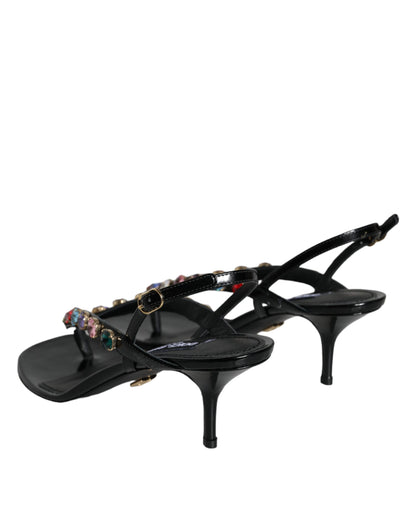 Zwarte leren kristallen slingback sandalen schoenen