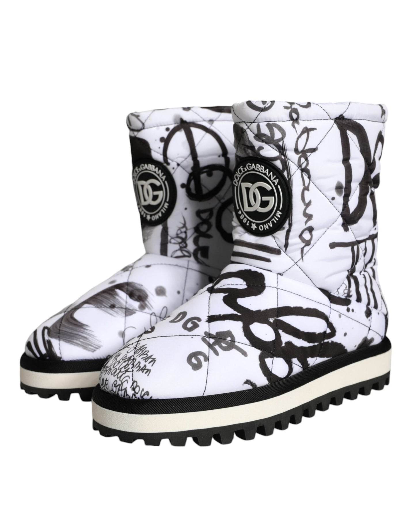 White Padded Logo Print Mid Calf Boots Shoes