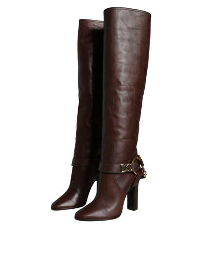 Brown Leather Gold Tone Logo High Boots Shoes