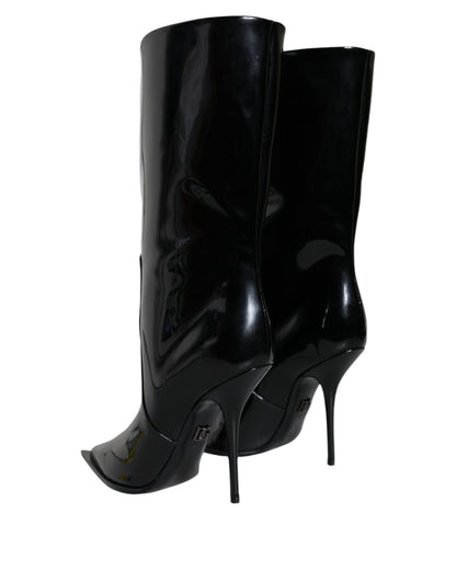 Black Patent Leather Mid Calf Boots Shoes