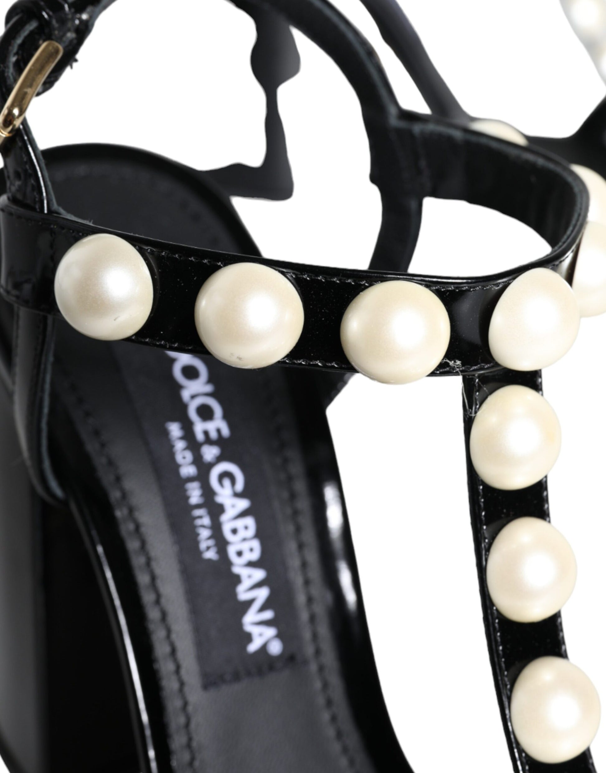 Black Leather Pearls T-strap Sandals Shoes