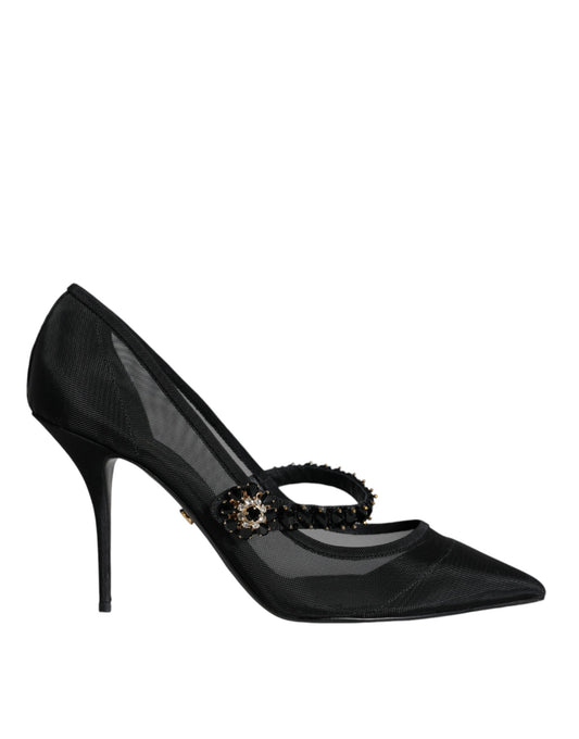 Zwarte Mesh Mary Jane Crystal Heel Pumps Schoenen