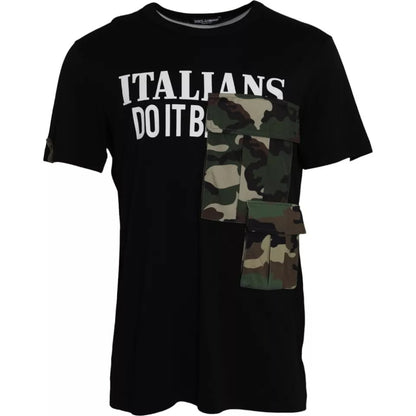 Zwart Camouflage Katoenen T-shirt met Korte Mouwen