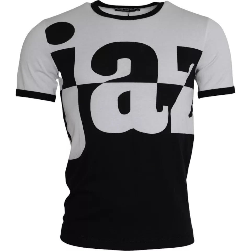 Zwart Wit Jazz Print Katoenen T-shirt met Korte Mouwen