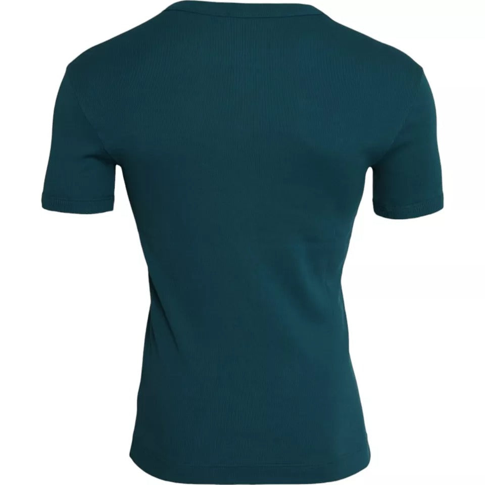 Blauwgroen katoenen T-shirt met ronde hals en korte mouwen