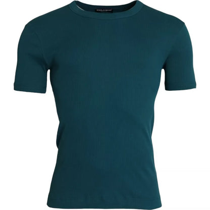 Blauwgroen katoenen T-shirt met ronde hals en korte mouwen