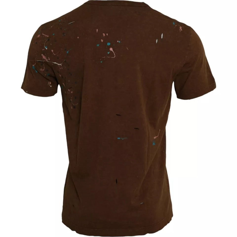 Bruine kleur Splash katoenen ronde hals T-shirt