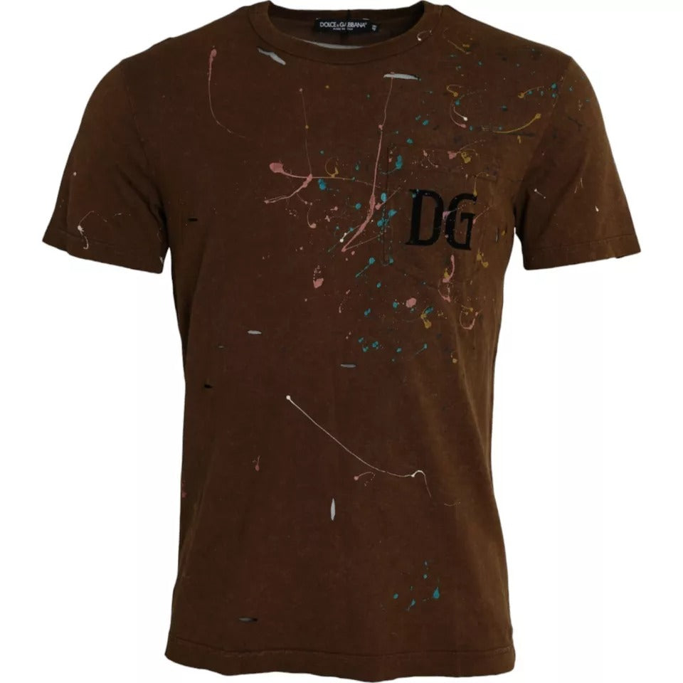 Bruine kleur Splash katoenen ronde hals T-shirt