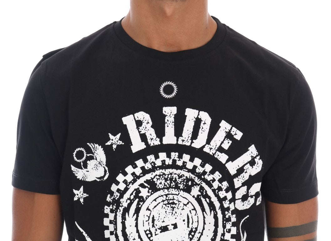 Chique zwarte ronde hals T-shirt met 'RIDERS'-motief