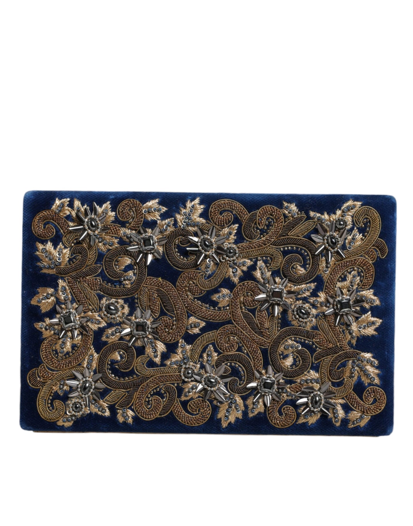 Blauwe fluwelen clutch met gouden frame, avondfeesttas