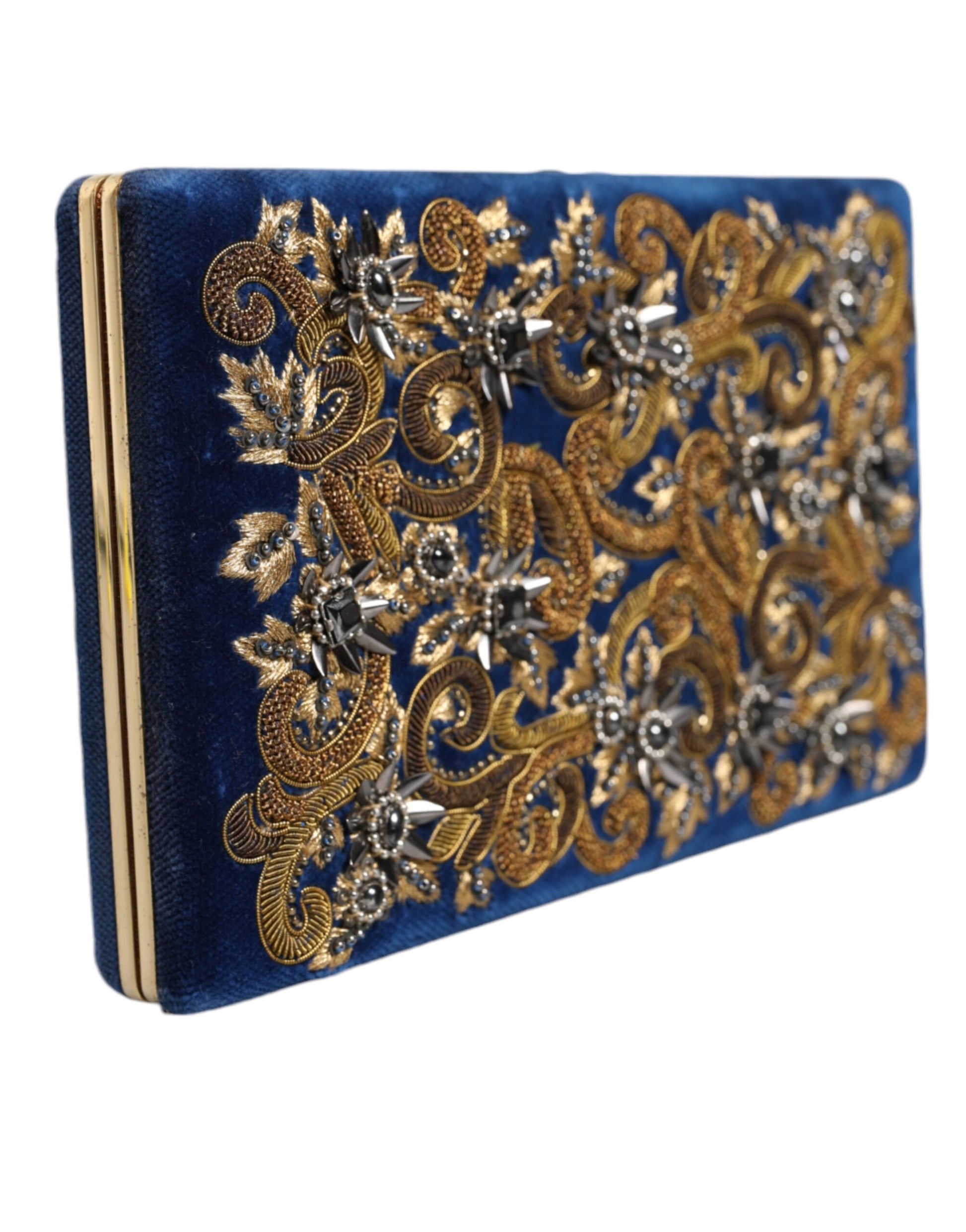 Blauwe fluwelen clutch met gouden frame, avondfeesttas