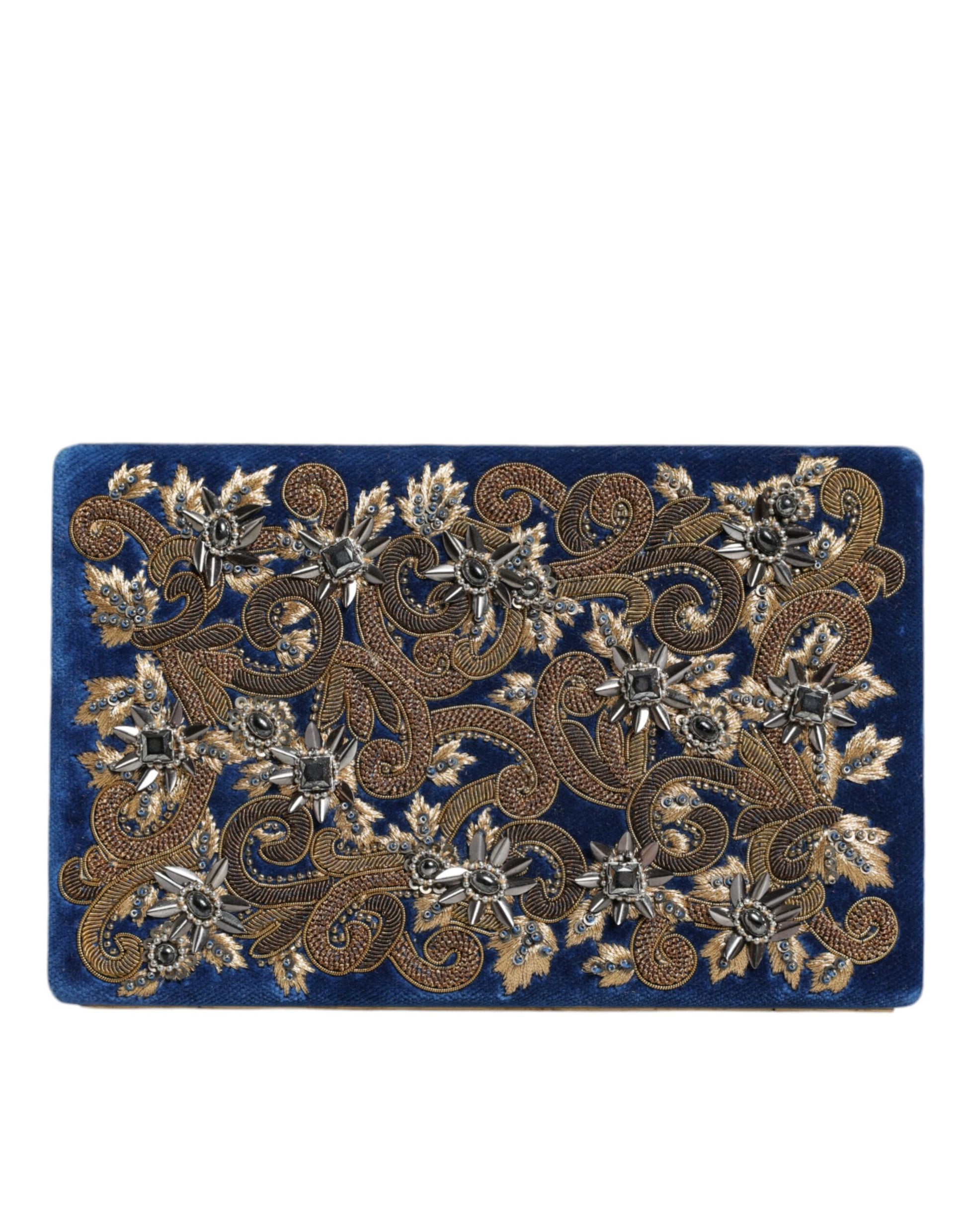 Blauwe fluwelen clutch met gouden frame, avondfeesttas