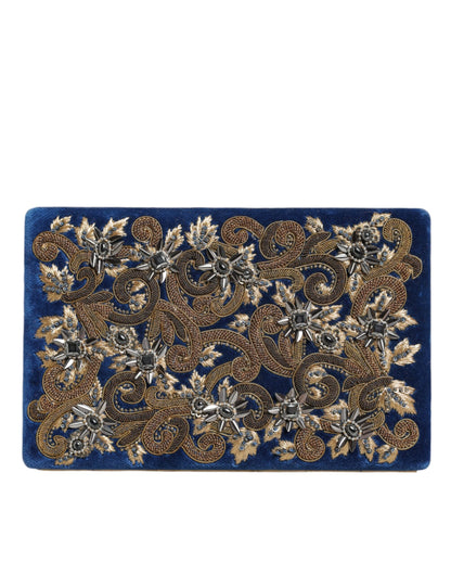 Blauwe fluwelen clutch met gouden frame, avondfeesttas