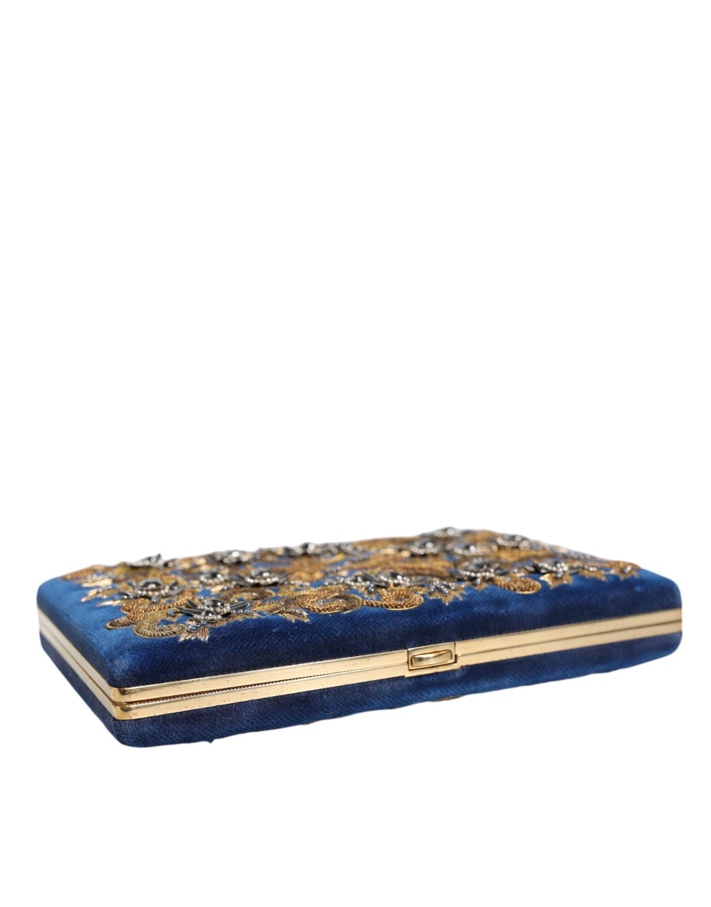 Blauwe fluwelen clutch met gouden frame, avondfeesttas