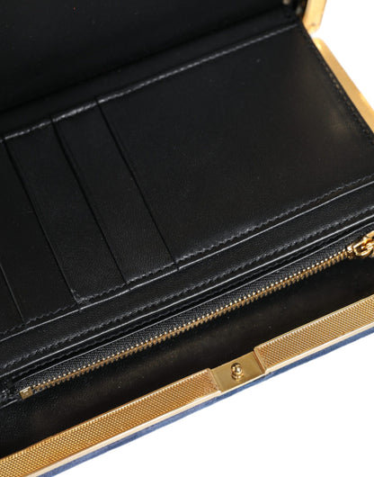 Blauwe fluwelen clutch met gouden frame, avondfeesttas