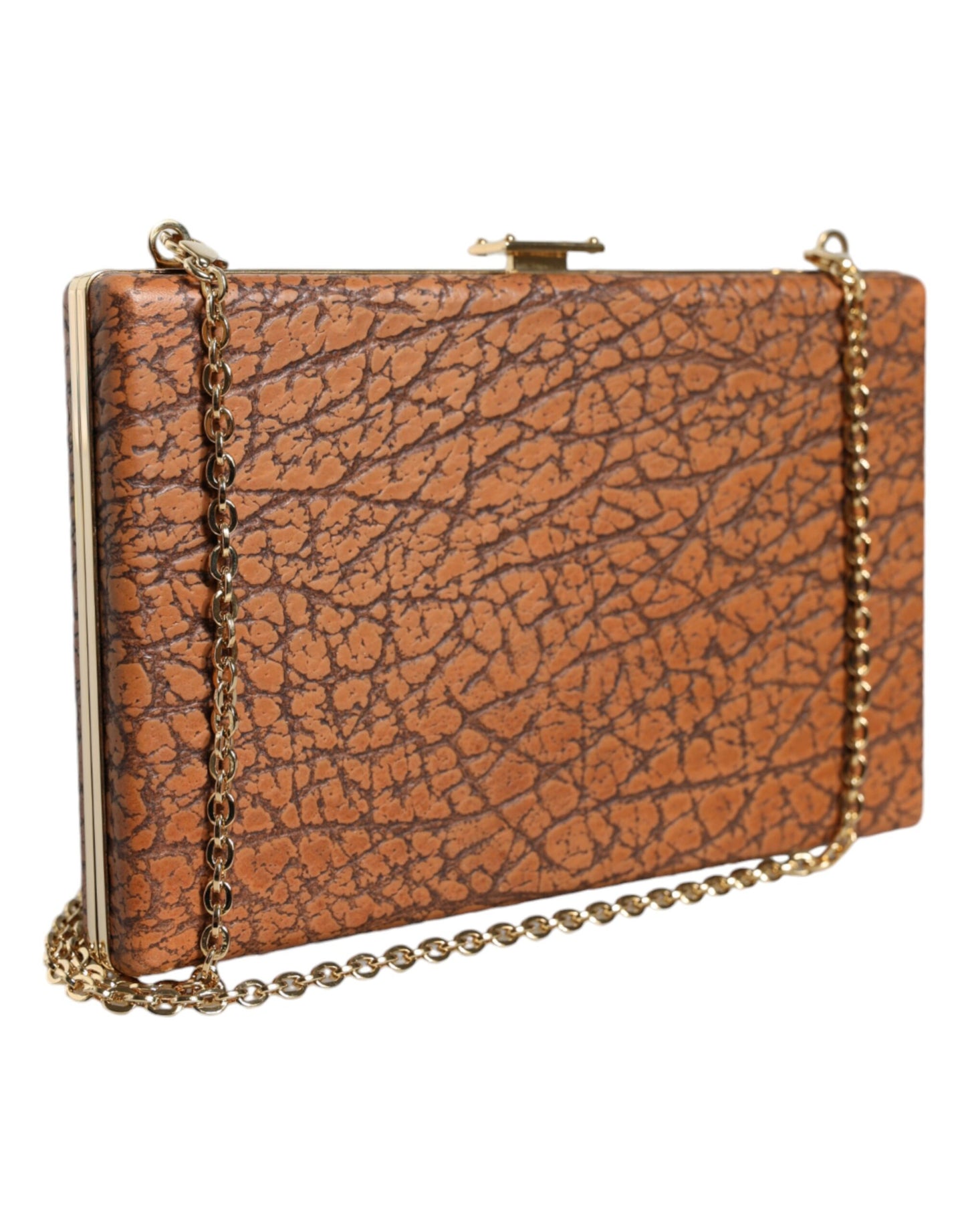 Brown Leather Gold Frame Clutch Mini Crossbody Bag