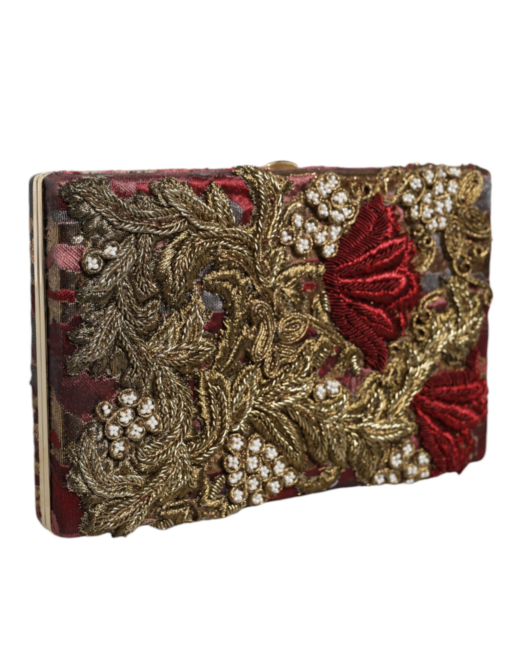 Kastanjebruine gouden bloemenjacquard gouden frame clutch avondtas