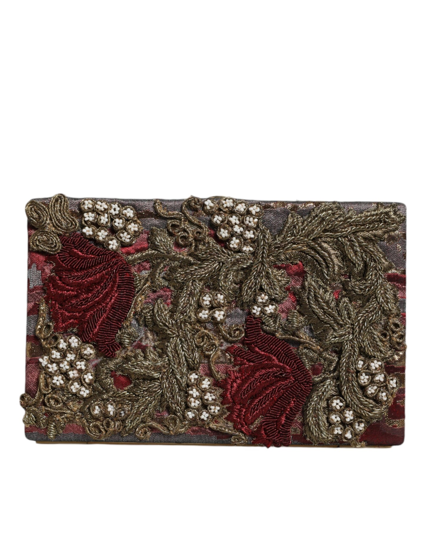 Kastanjebruine gouden bloemenjacquard gouden frame clutch avondtas