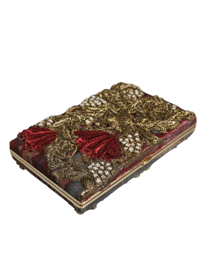 Kastanjebruine gouden bloemenjacquard gouden frame clutch avondtas