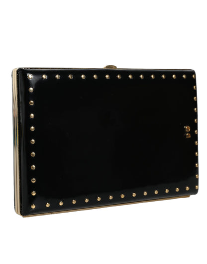 Zwarte leren studs gouden frame clutch avondtas tas