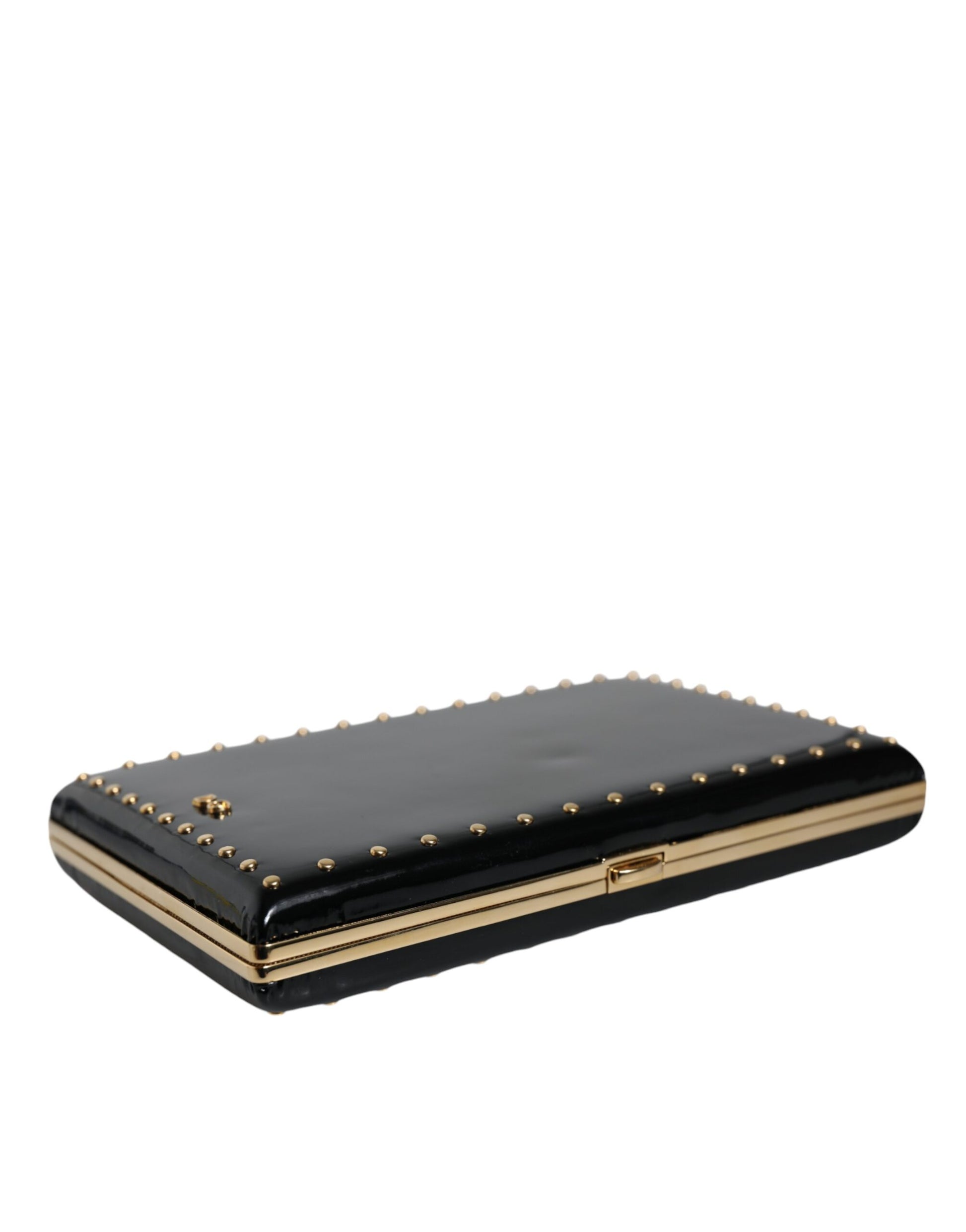 Zwarte leren studs gouden frame clutch avondtas tas