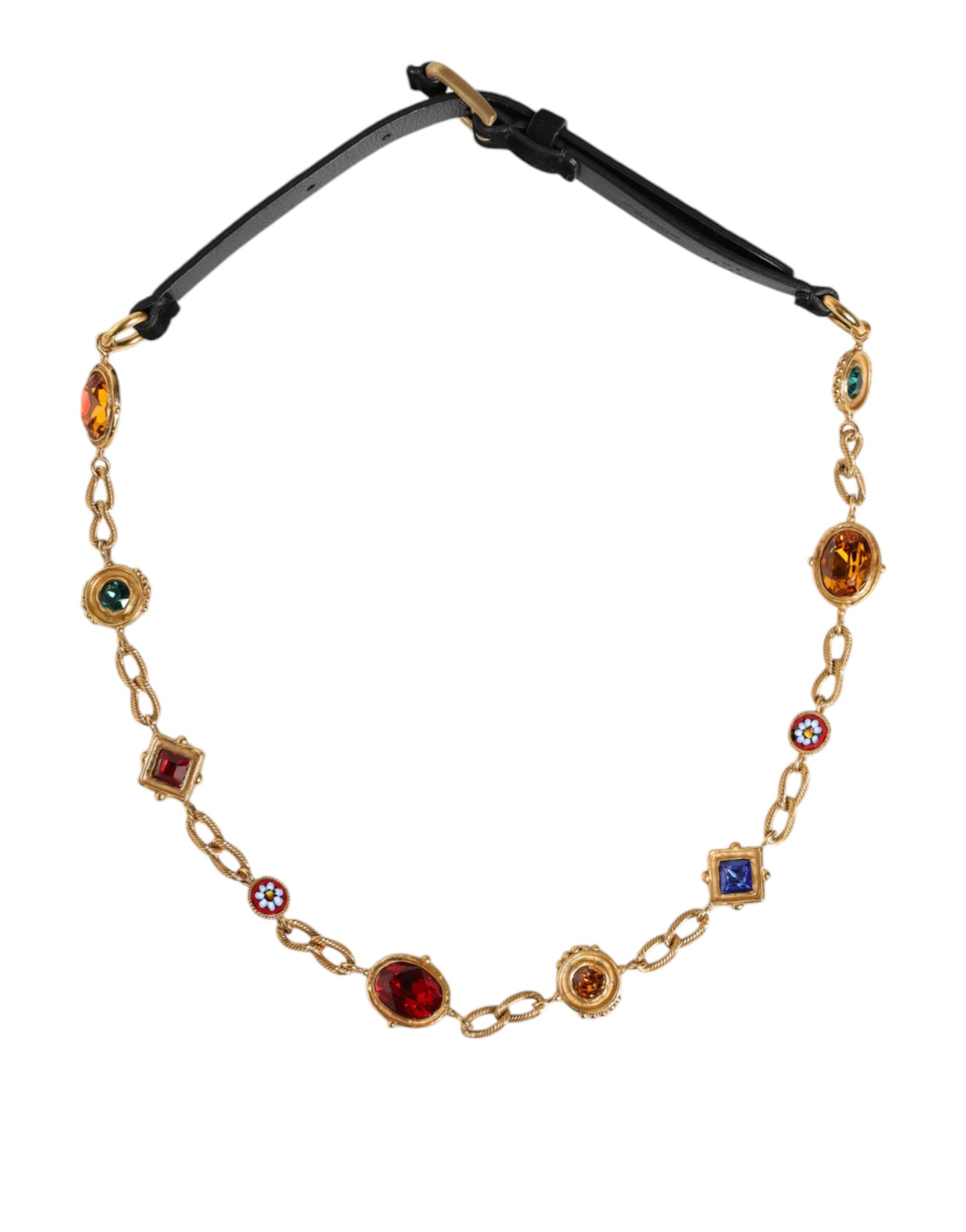 Zwarte leren gouden messing kristal ketting taille riem