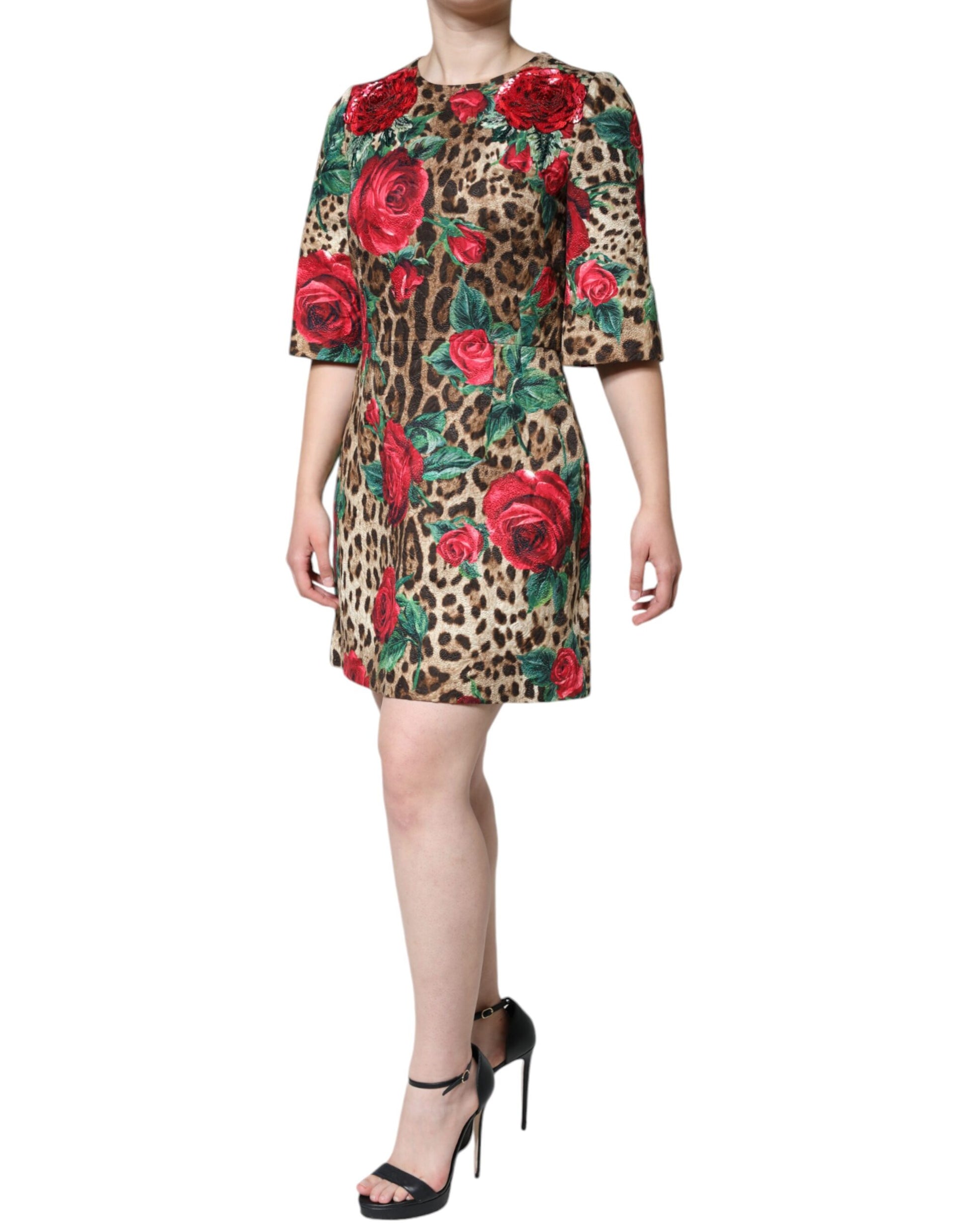 Brown Leopard Red Roses Cotton A-line Dress