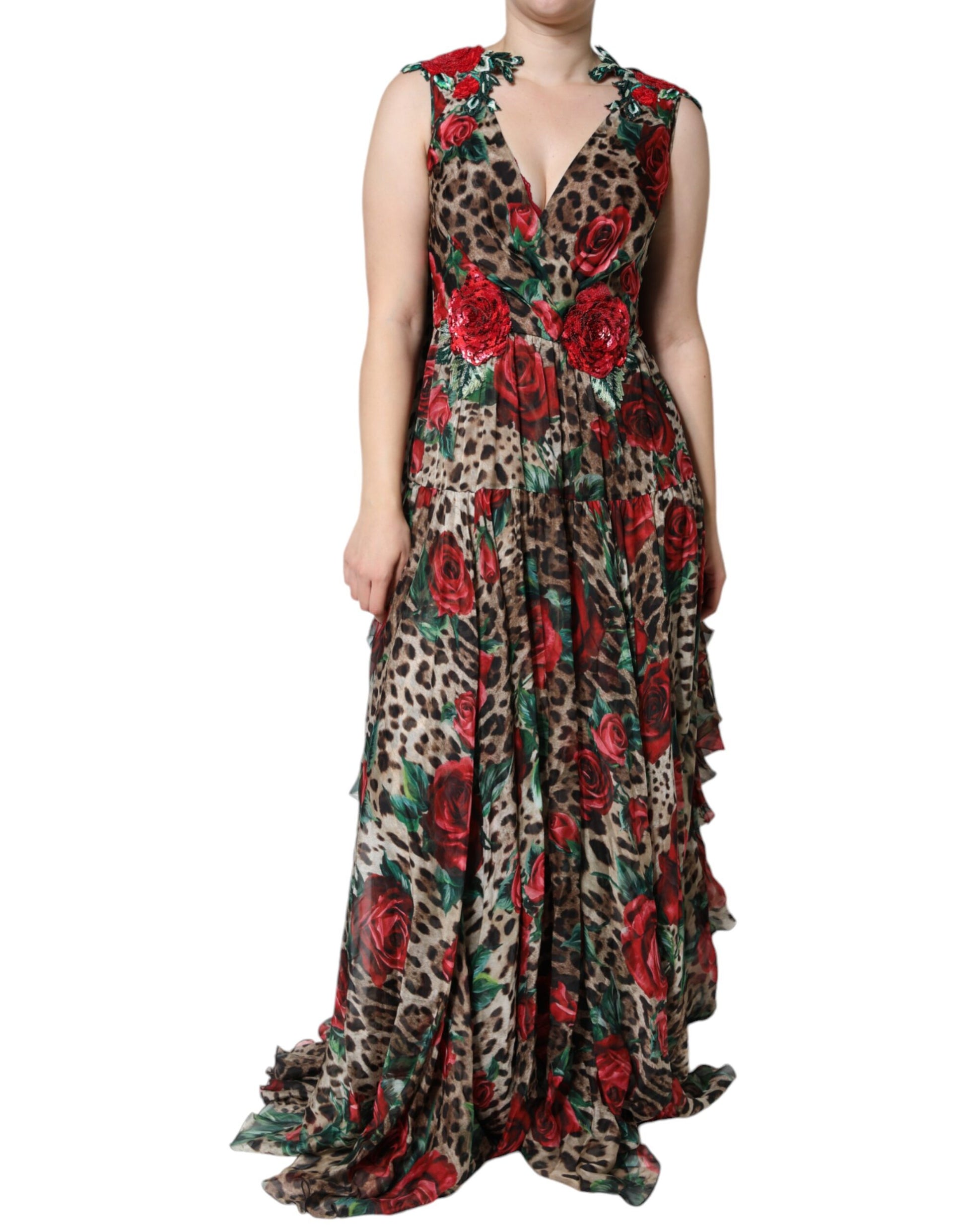 Brown Leopard Red Roses Silk Long Gown Dress