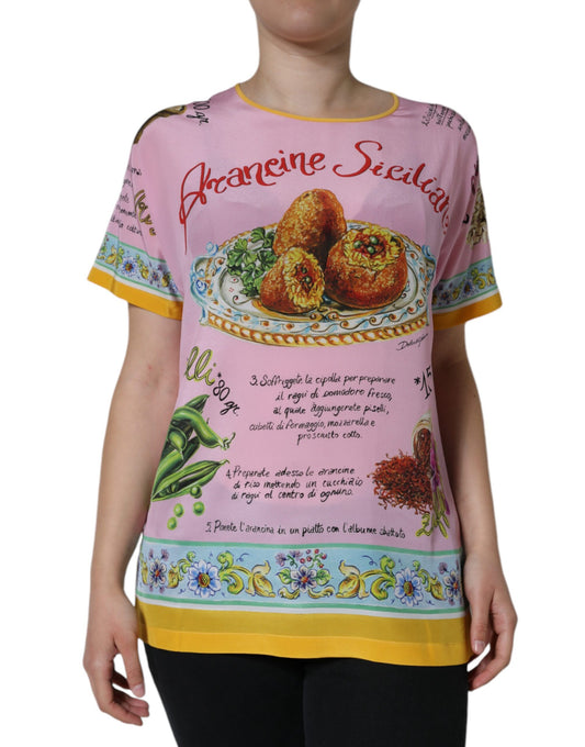 Roze zijden Araneine Siciliana print top met korte mouwen