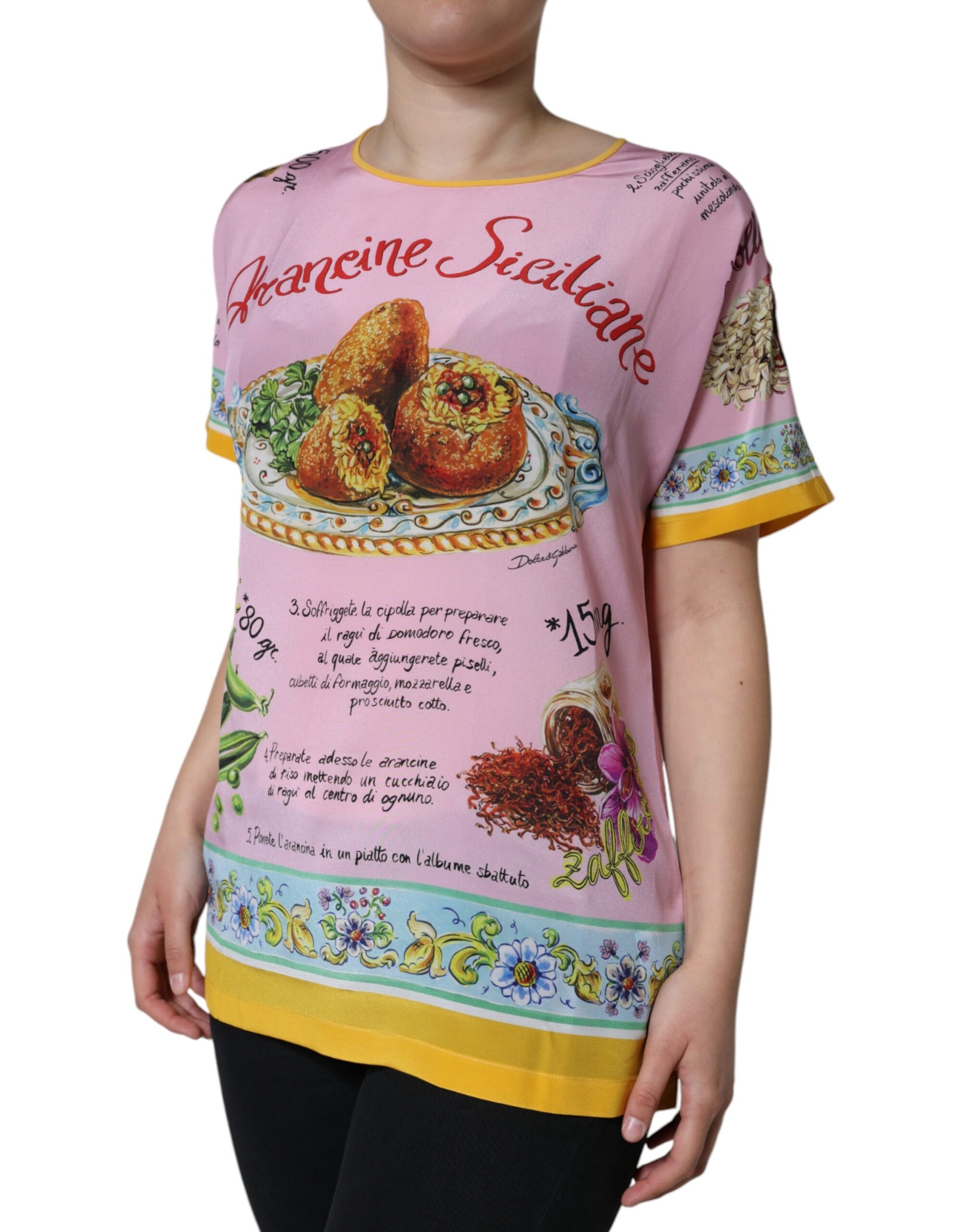 Roze zijden Araneine Siciliana print top met korte mouwen