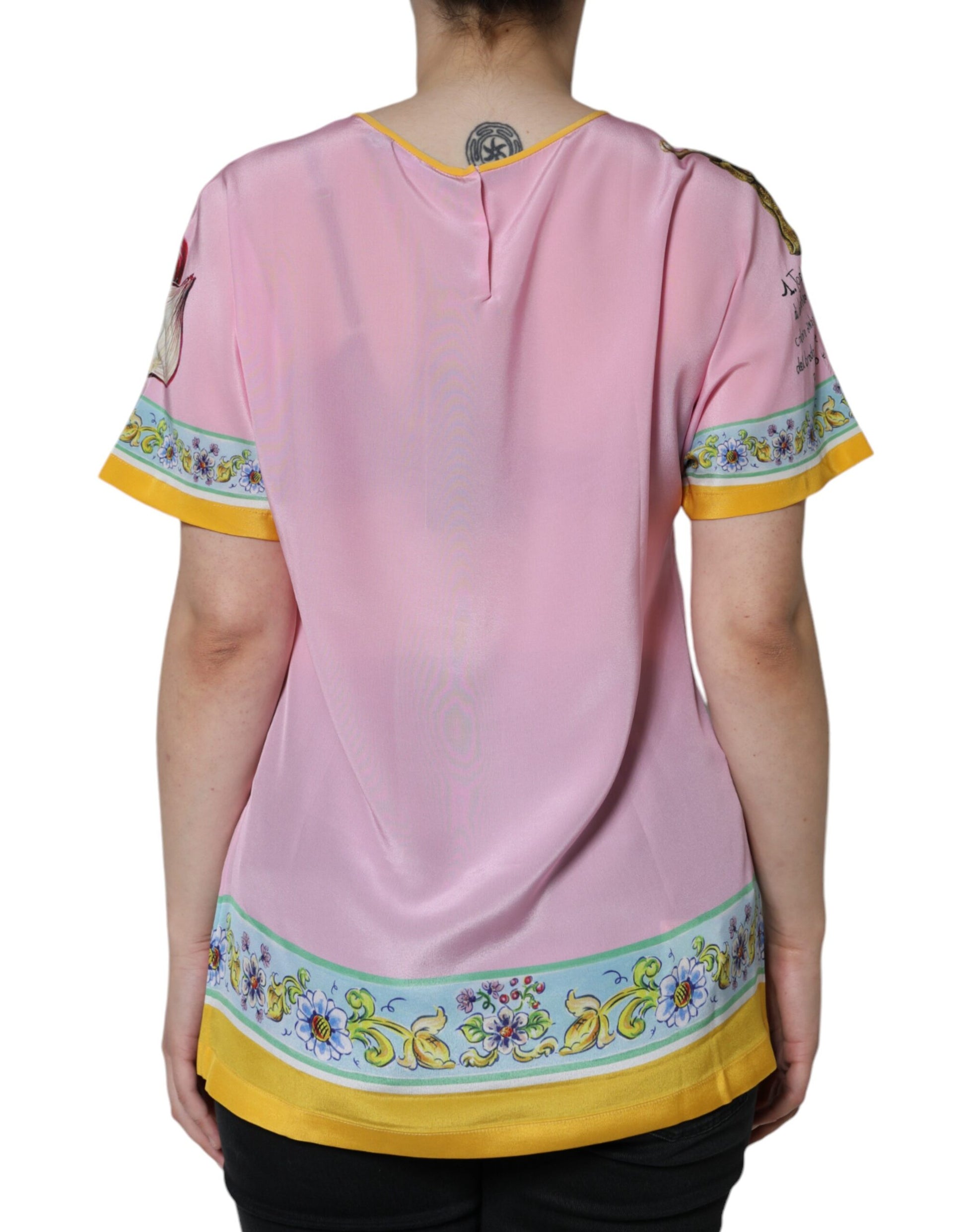 Roze zijden Araneine Siciliana print top met korte mouwen