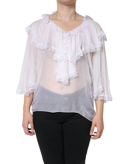 Witte ruches kant blouse top met lange mouwen