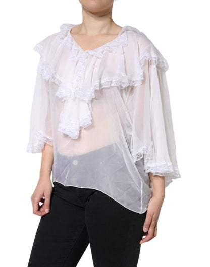 Witte ruches kant blouse top met lange mouwen