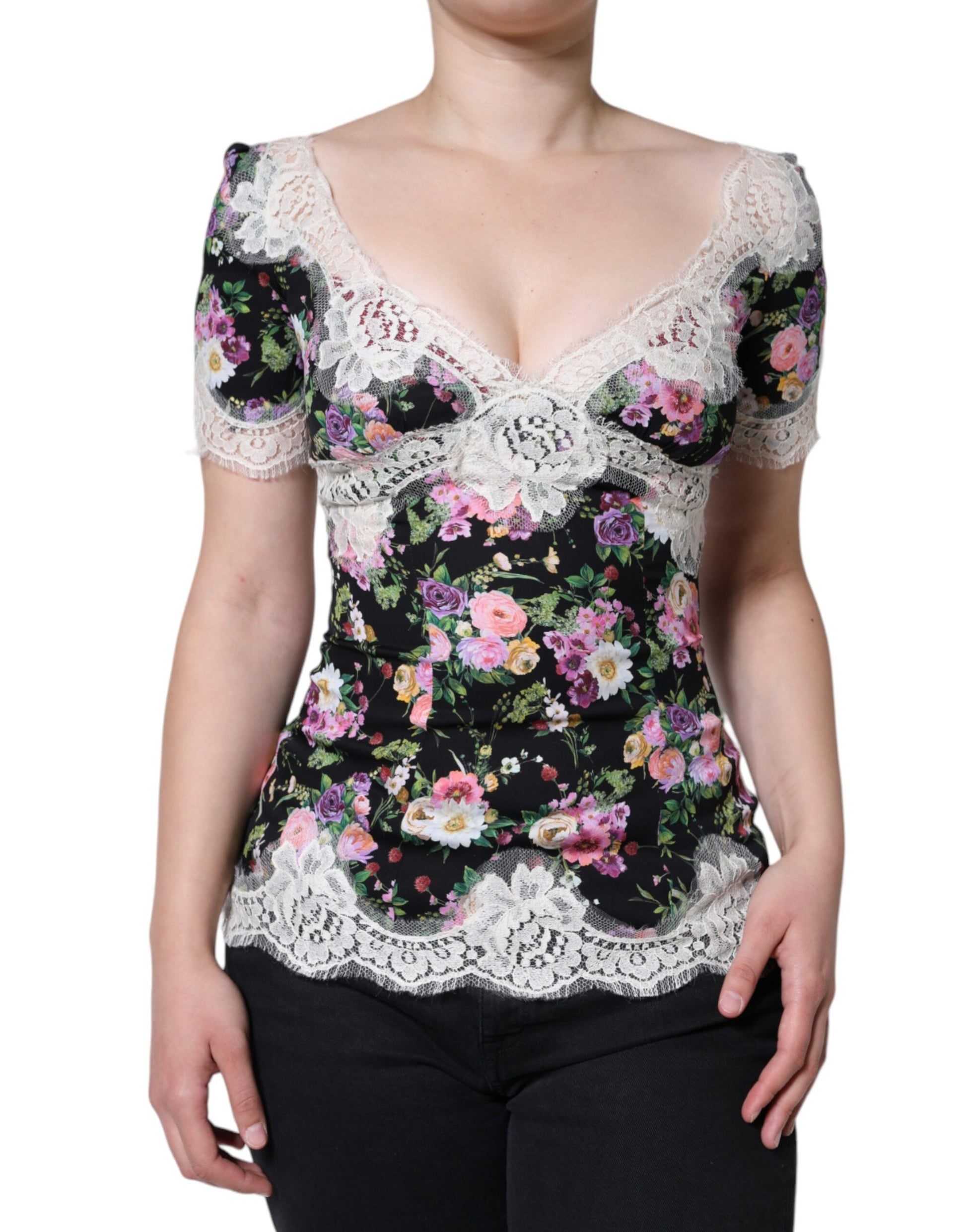 Zwarte bloemenkanten blouse met korte mouwen