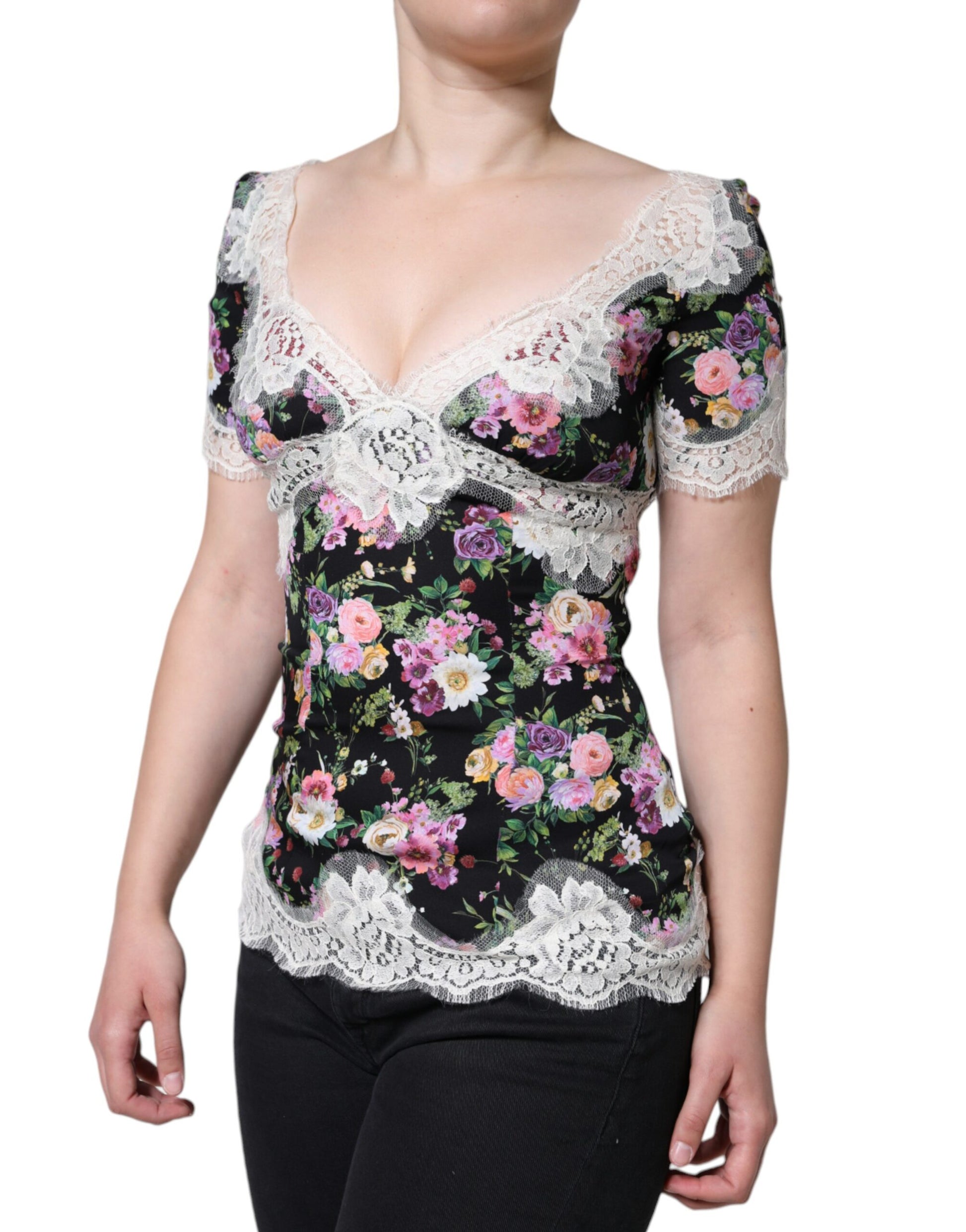 Zwarte bloemenkanten blouse met korte mouwen