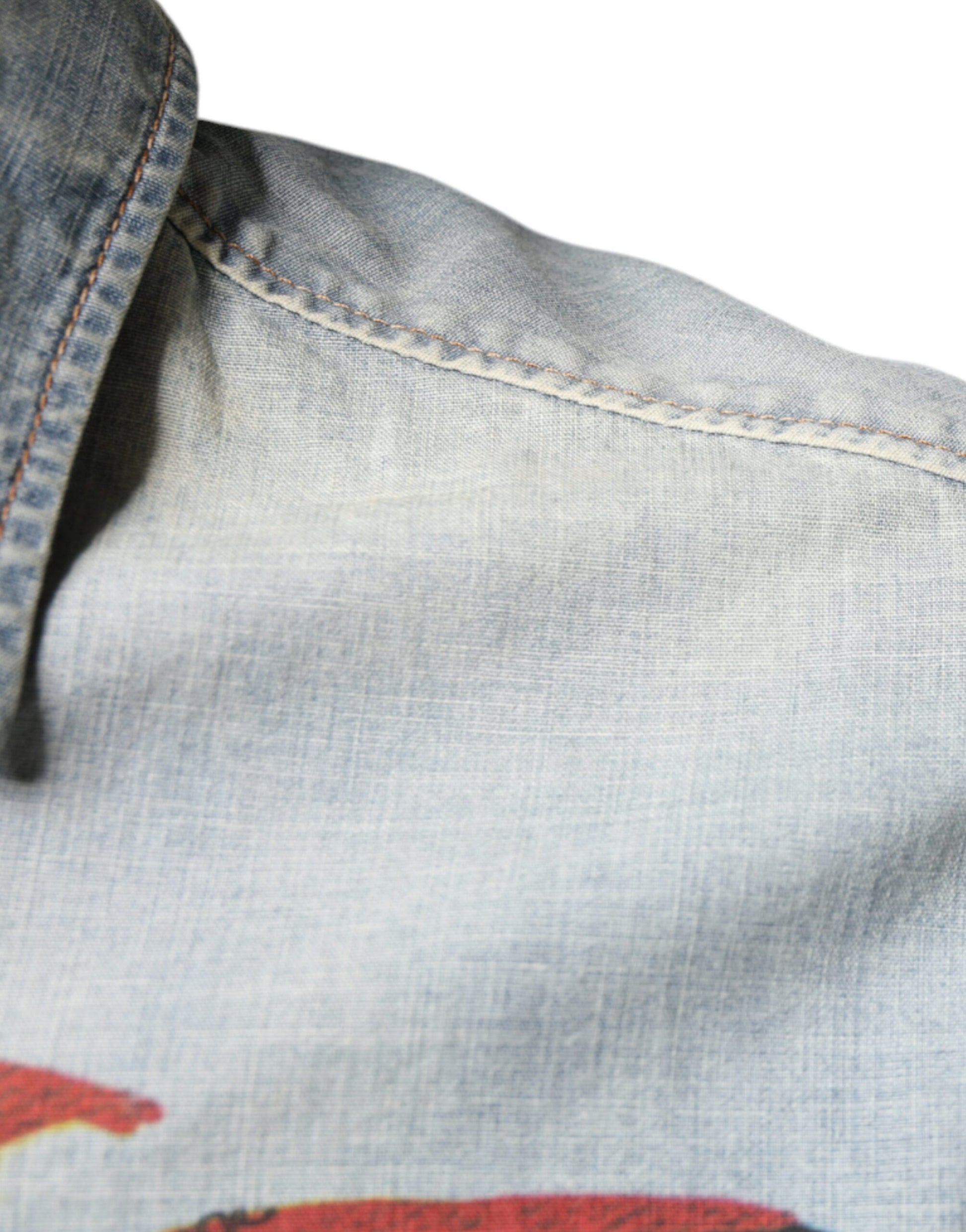 Lichtblauw bedrukt katoenen denim overhemd met lange mouwen