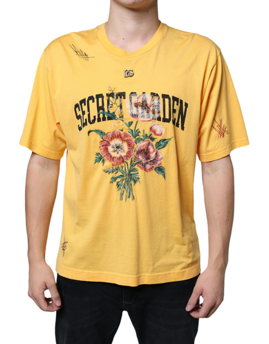 Geel Secret Graden Floral katoenen T-shirt met ronde hals