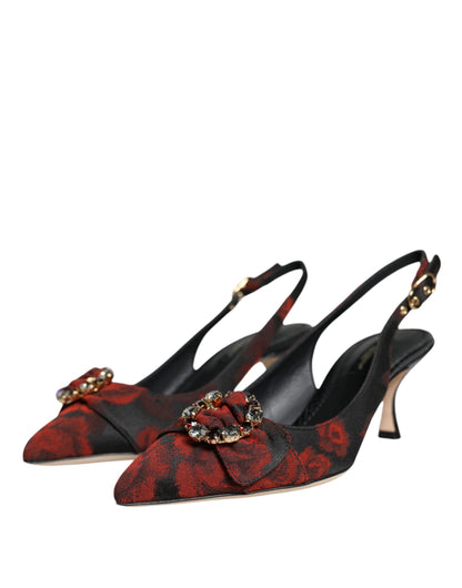 Black Red Floral Crystal Heel Slingback Shoes