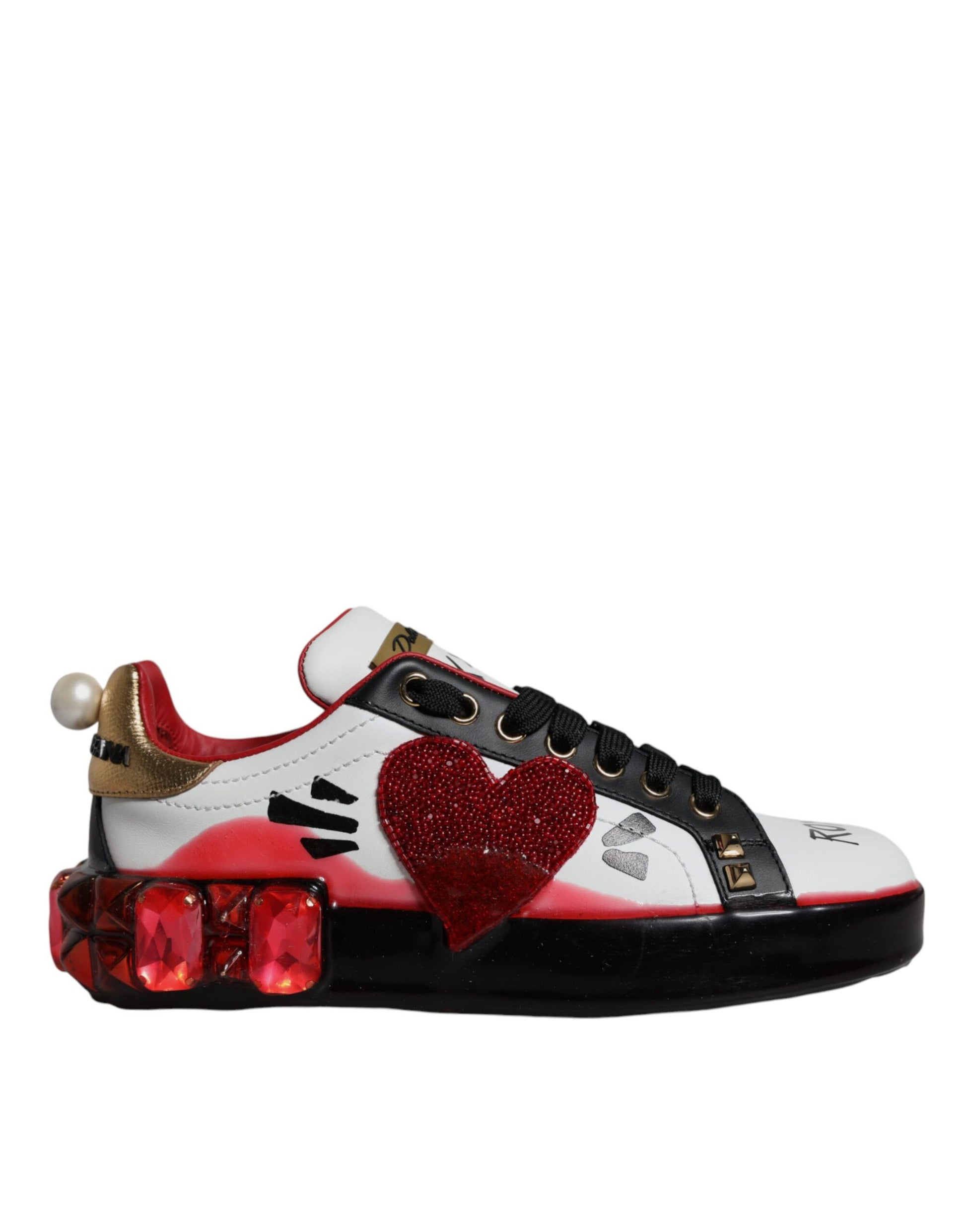 White Red Crystals Leather Portofino Sneakers Shoes