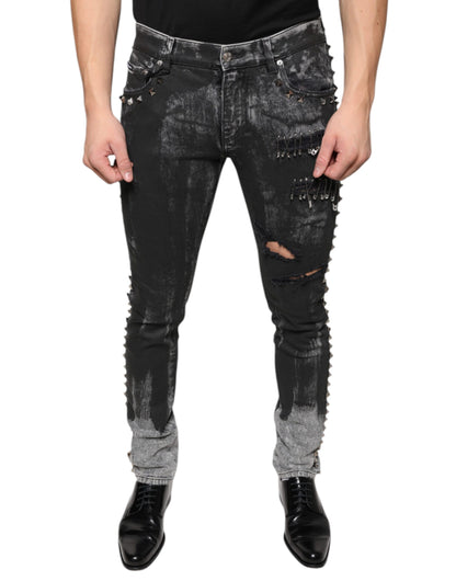 Black Embellished Cotton Skinny Denim Jeans