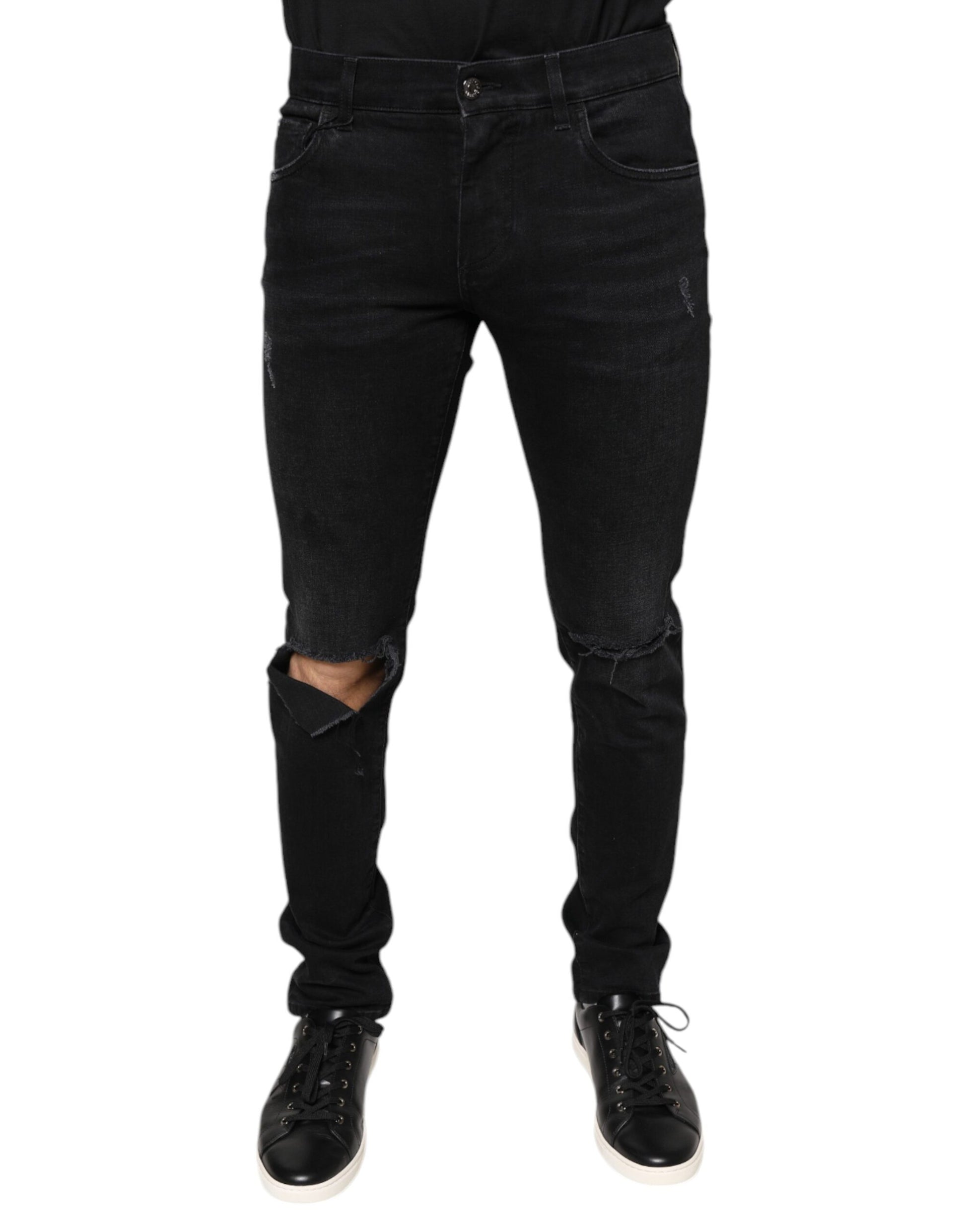 Black Tattered Cotton Skinny Men Denim Jeans