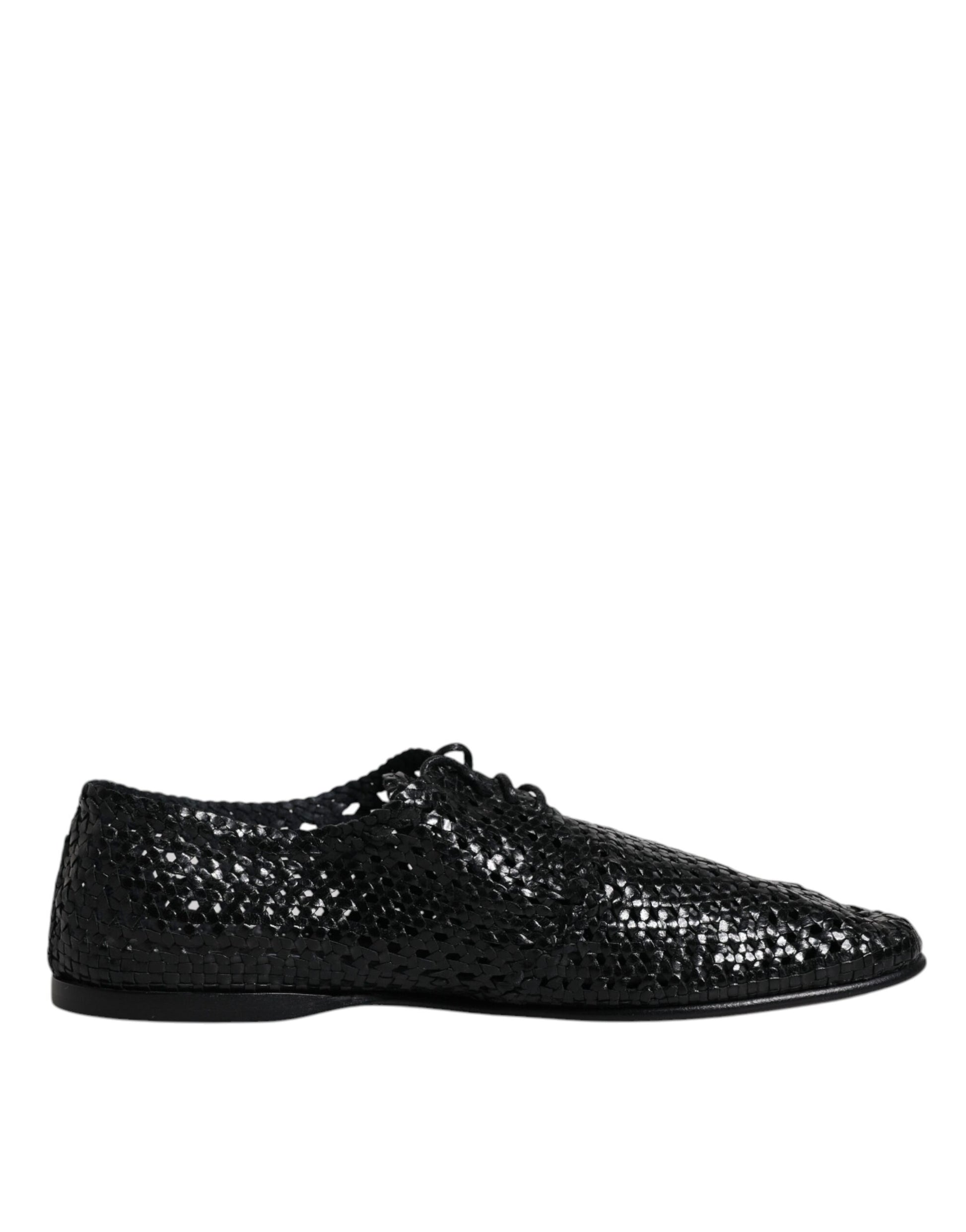 Black Woven Leather Lave Up Derby Shoes