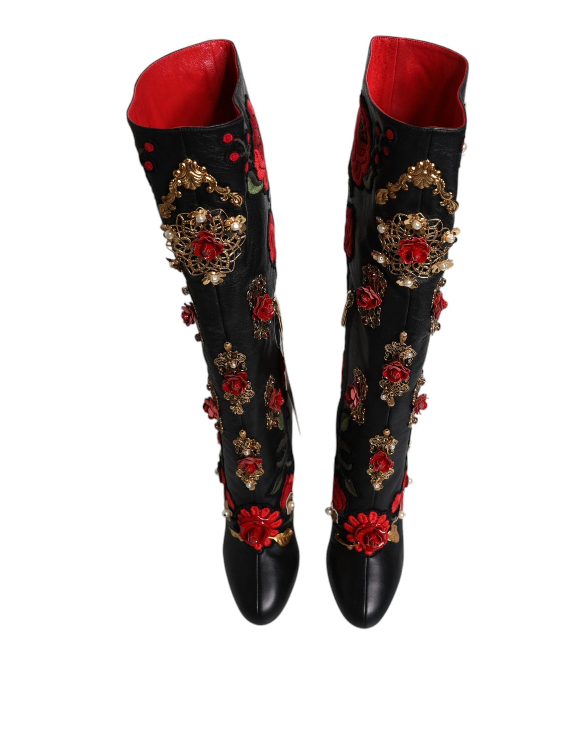 Black Roses Embellished Leather Heel Boots Shoes