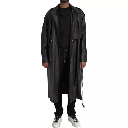 Black Leather Men Waterproof Trenchcoat Jacket