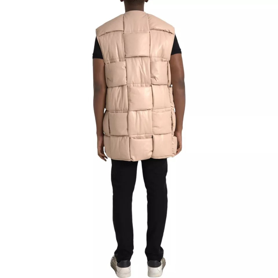 Beige Quilted Sleeveless Calf Leather Jacket