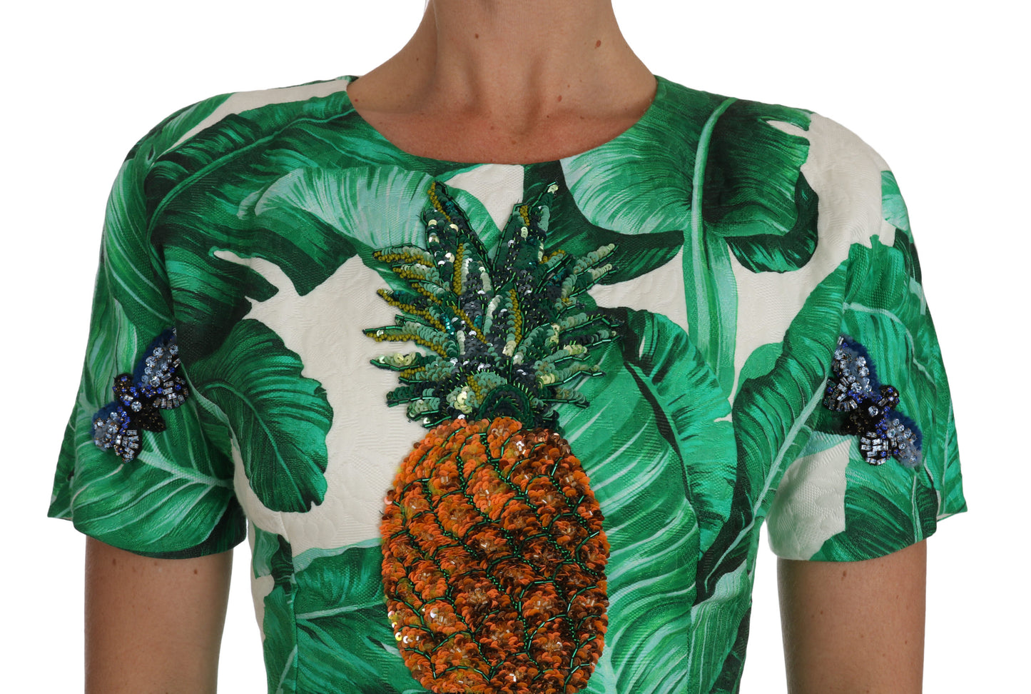 Elegante groene A-lijn jurk met bananenbladprint