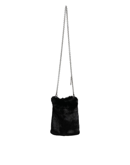 Black Faux Fur Silver Chain Crossbody Shoulder Purse Bag