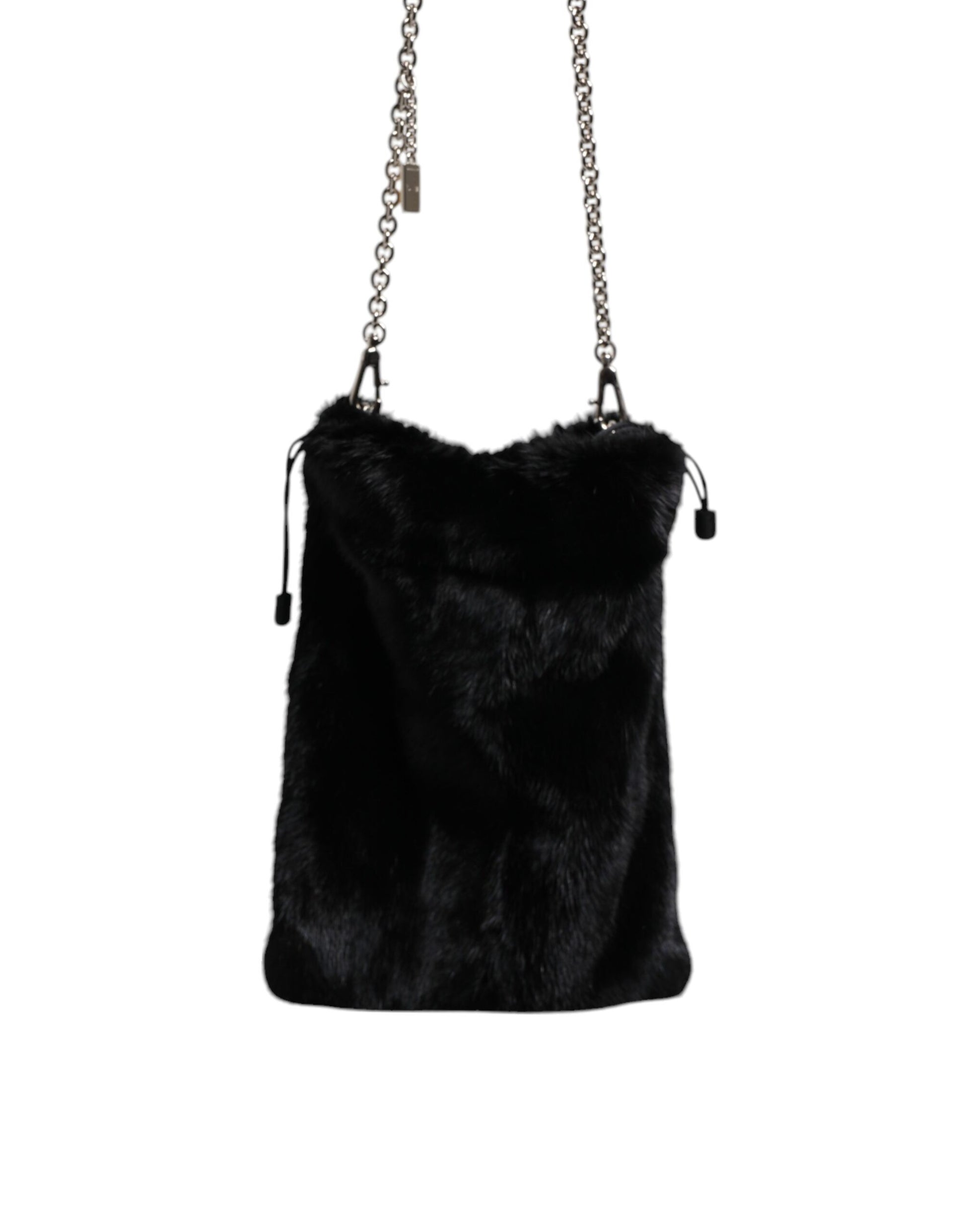 Black Faux Fur Silver Chain Crossbody Shoulder Purse Bag