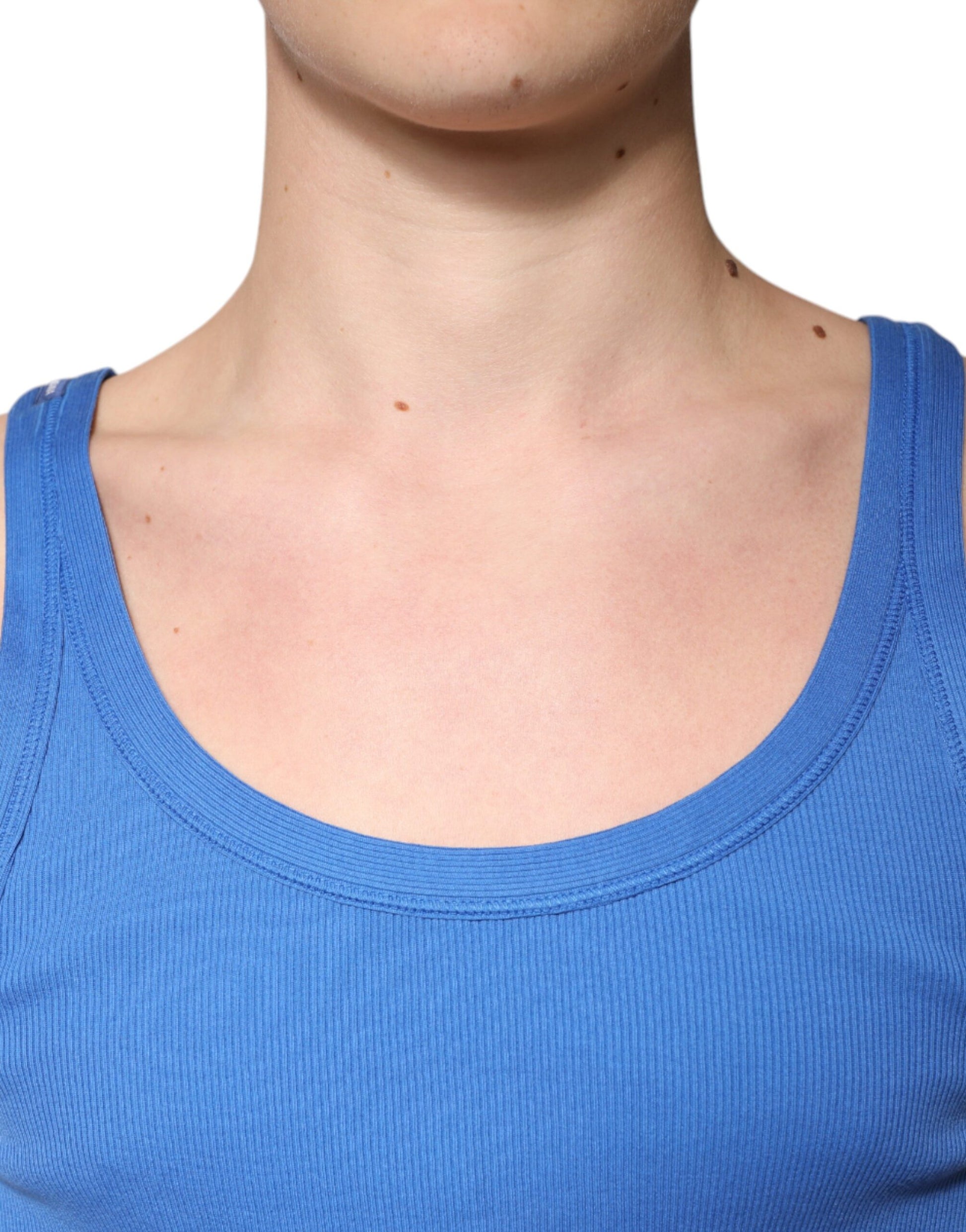 Blue Cotton Sleeveless Round Neck Tank T-shirt